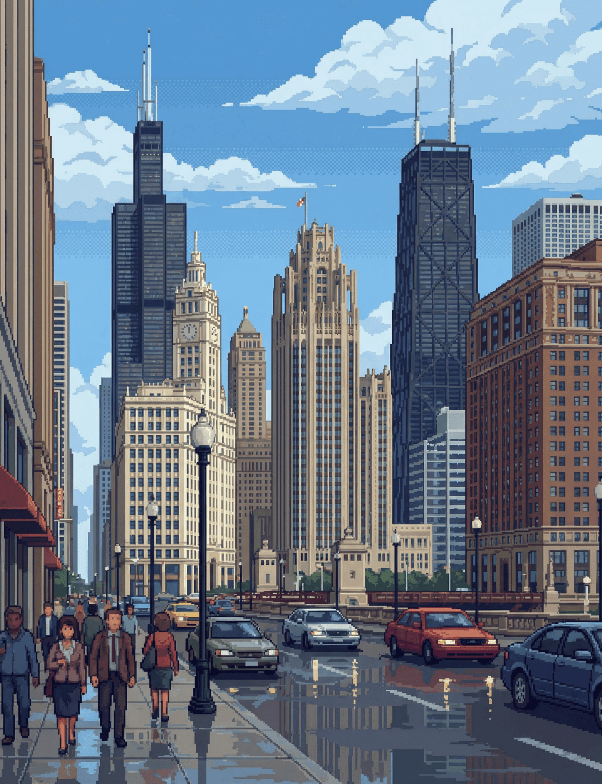 Chicago Michigan Avenue pixel art street scene