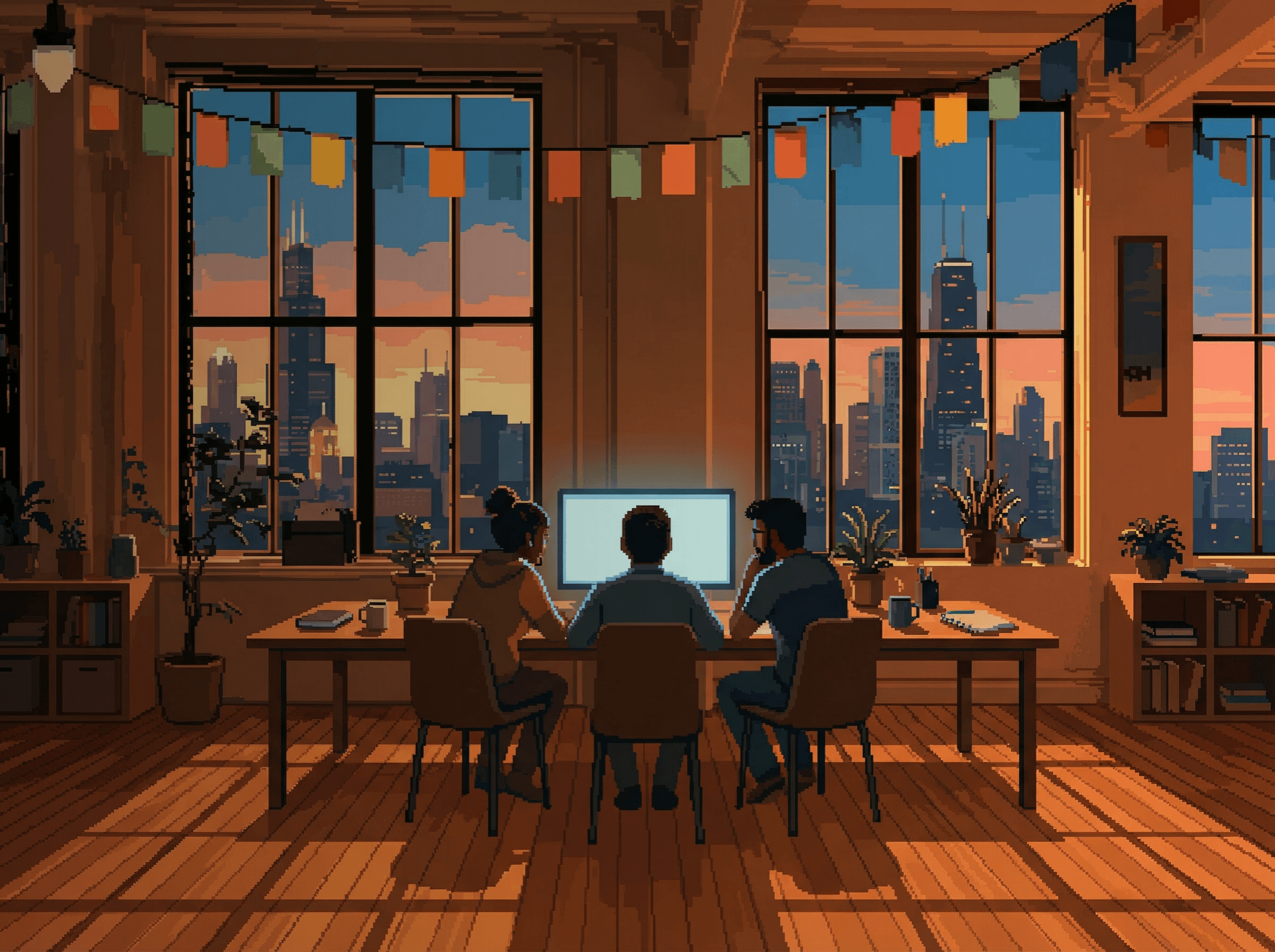 Pixel-art office scene
