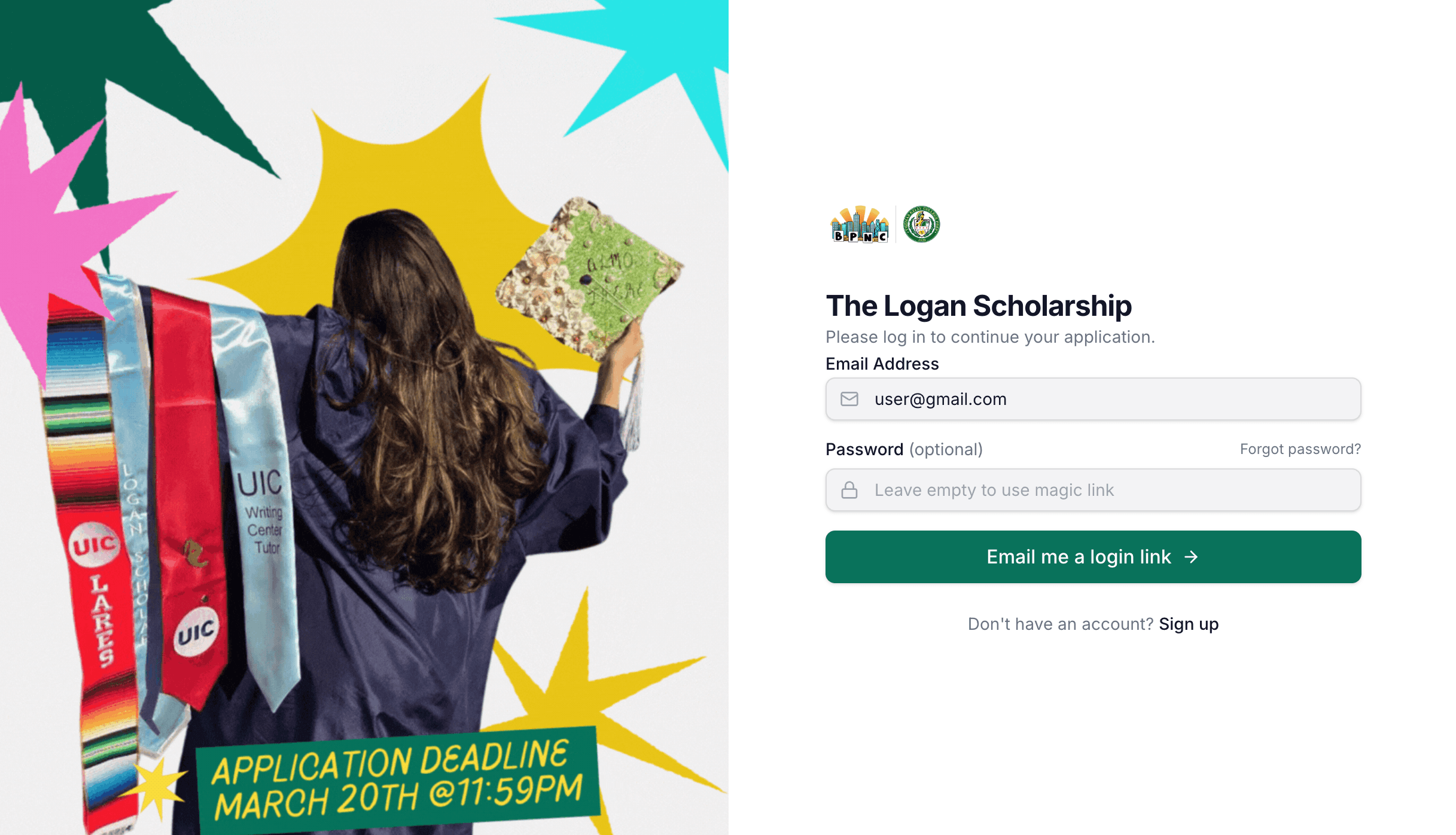 Applicant portal — The Logan Scholarship login screen
